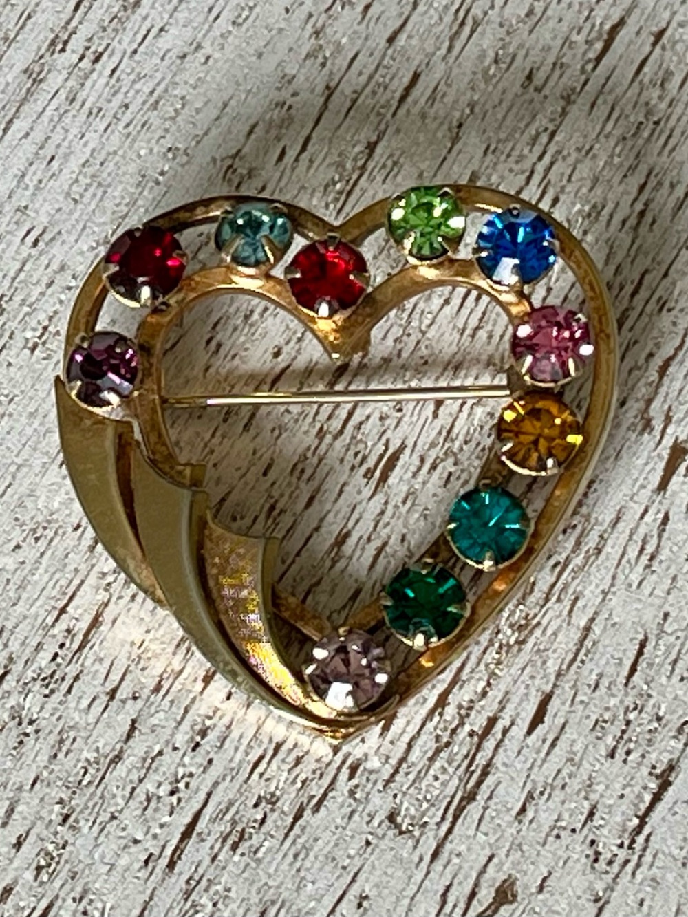 Vintage Catamore 1/20 12k Gold Filled Heart Pin Brooch with Rhinestones
